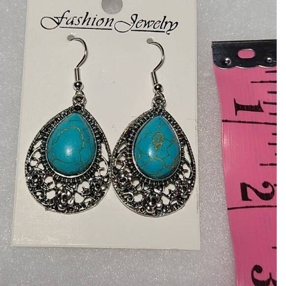 Silver Turquoise Stone Dangle Drop Fashion Earrings - Picture 2 of 2